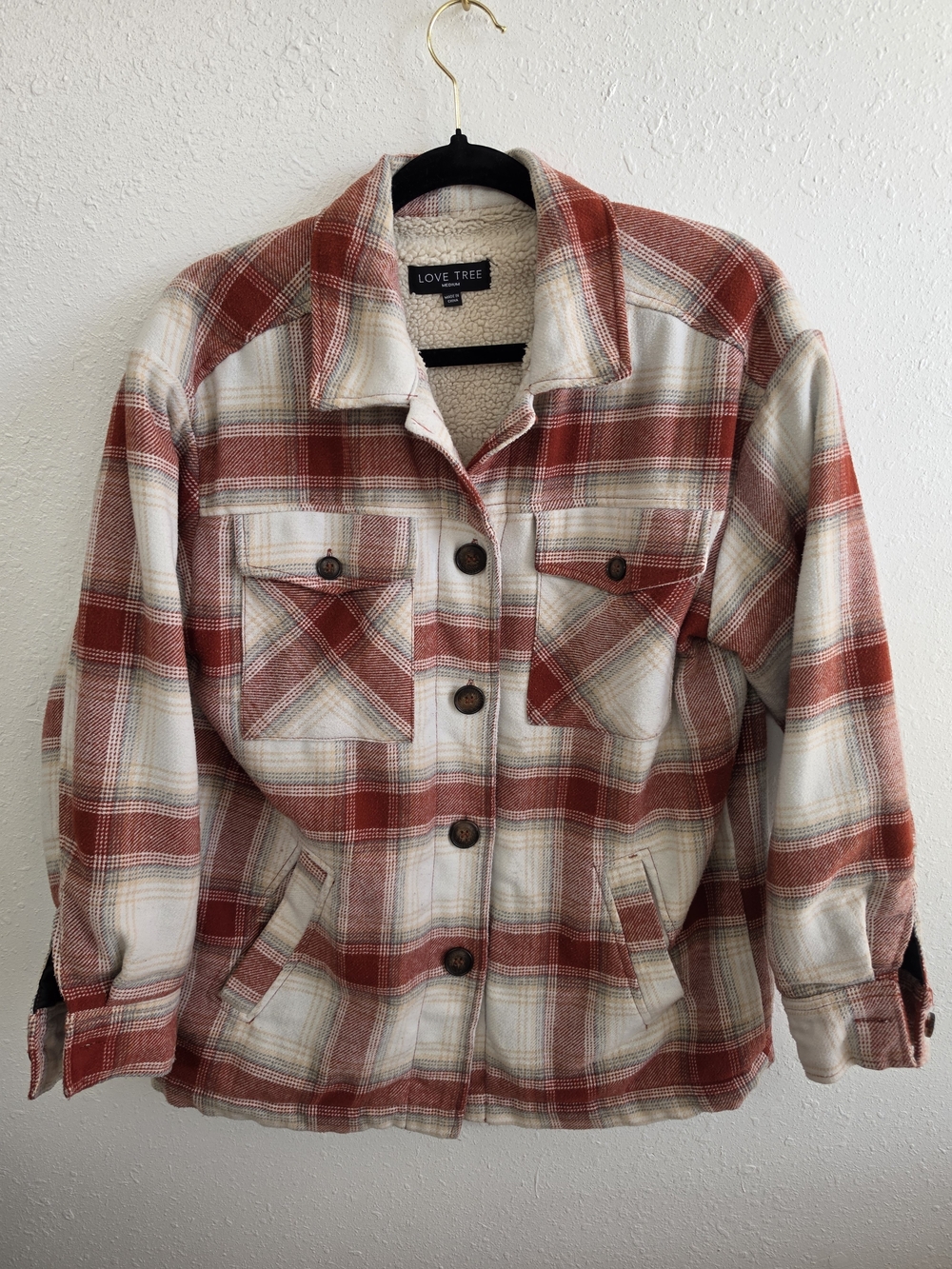 Love Tree Warm Me Up Plaid Sherpa Lined Shacket Jacket Size Medium